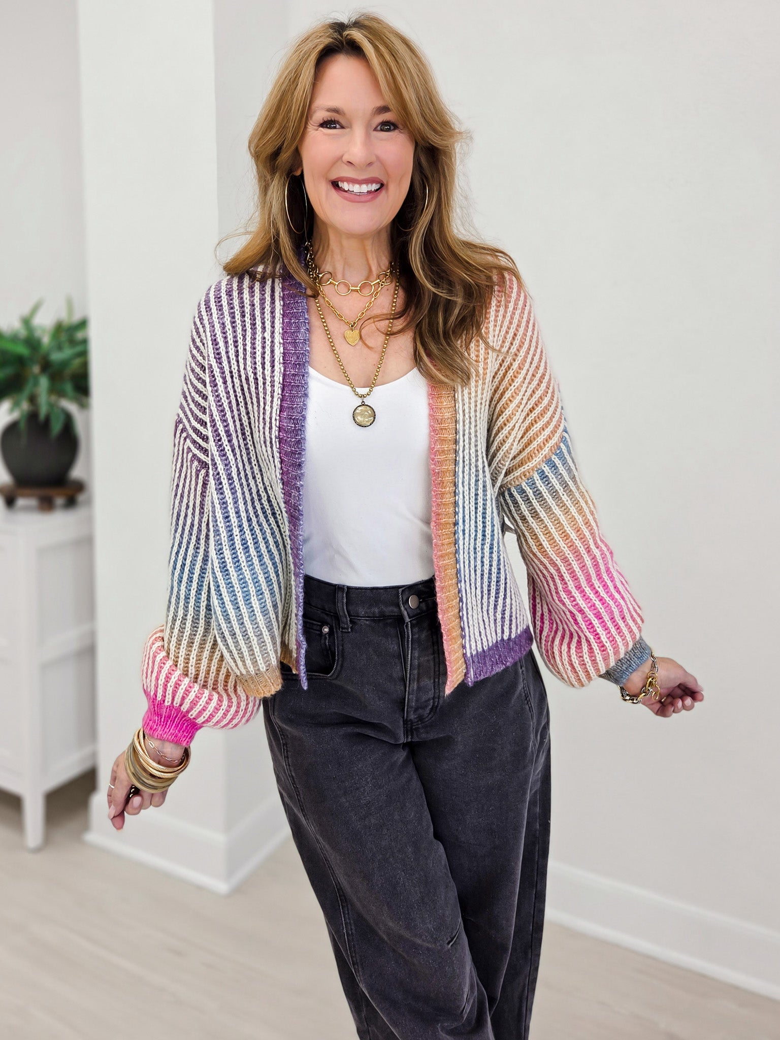 Rainbow Ombre Ribbed Knit Open Cardigan
