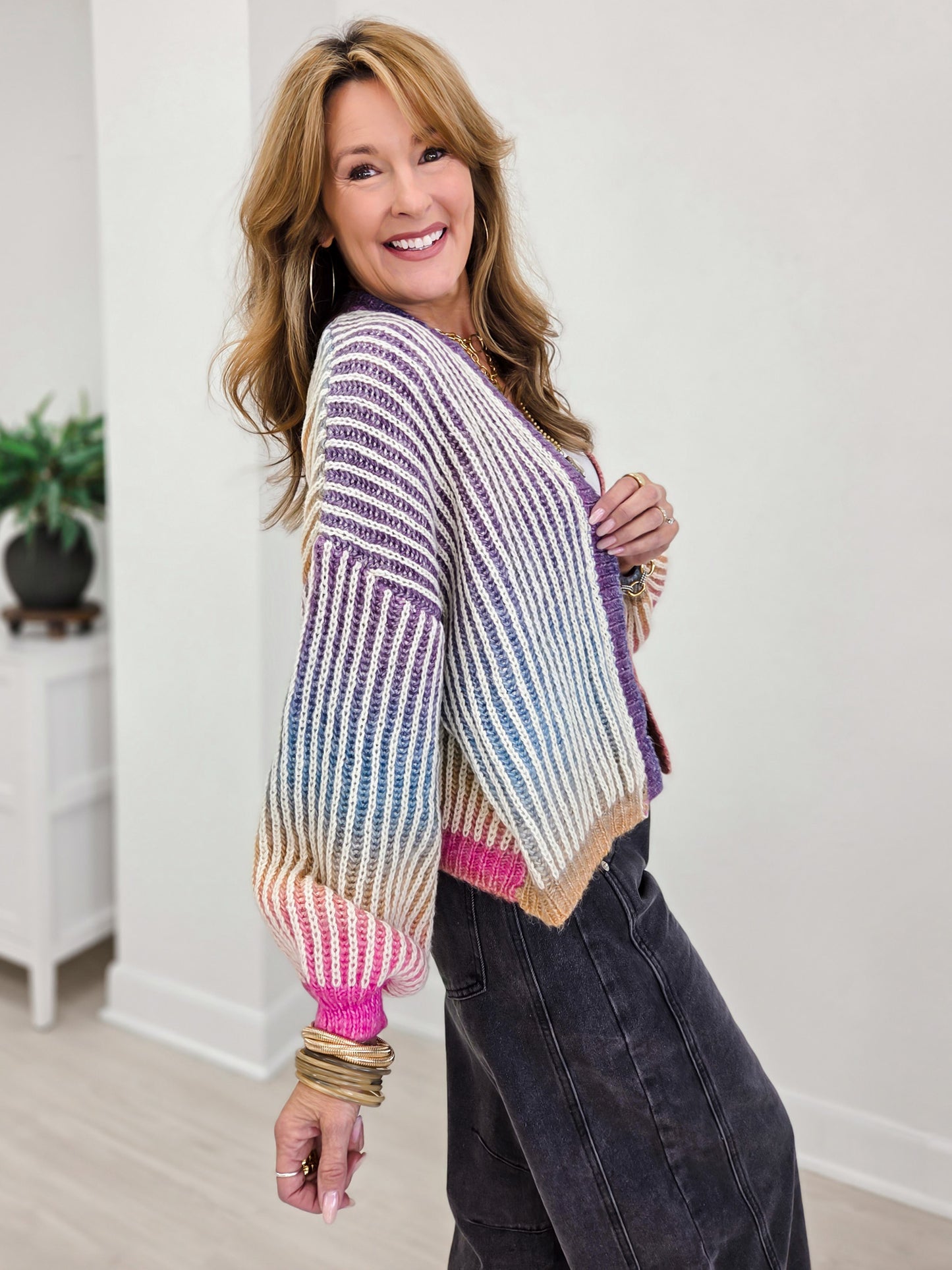 Rainbow Ombre Ribbed Knit Open Cardigan