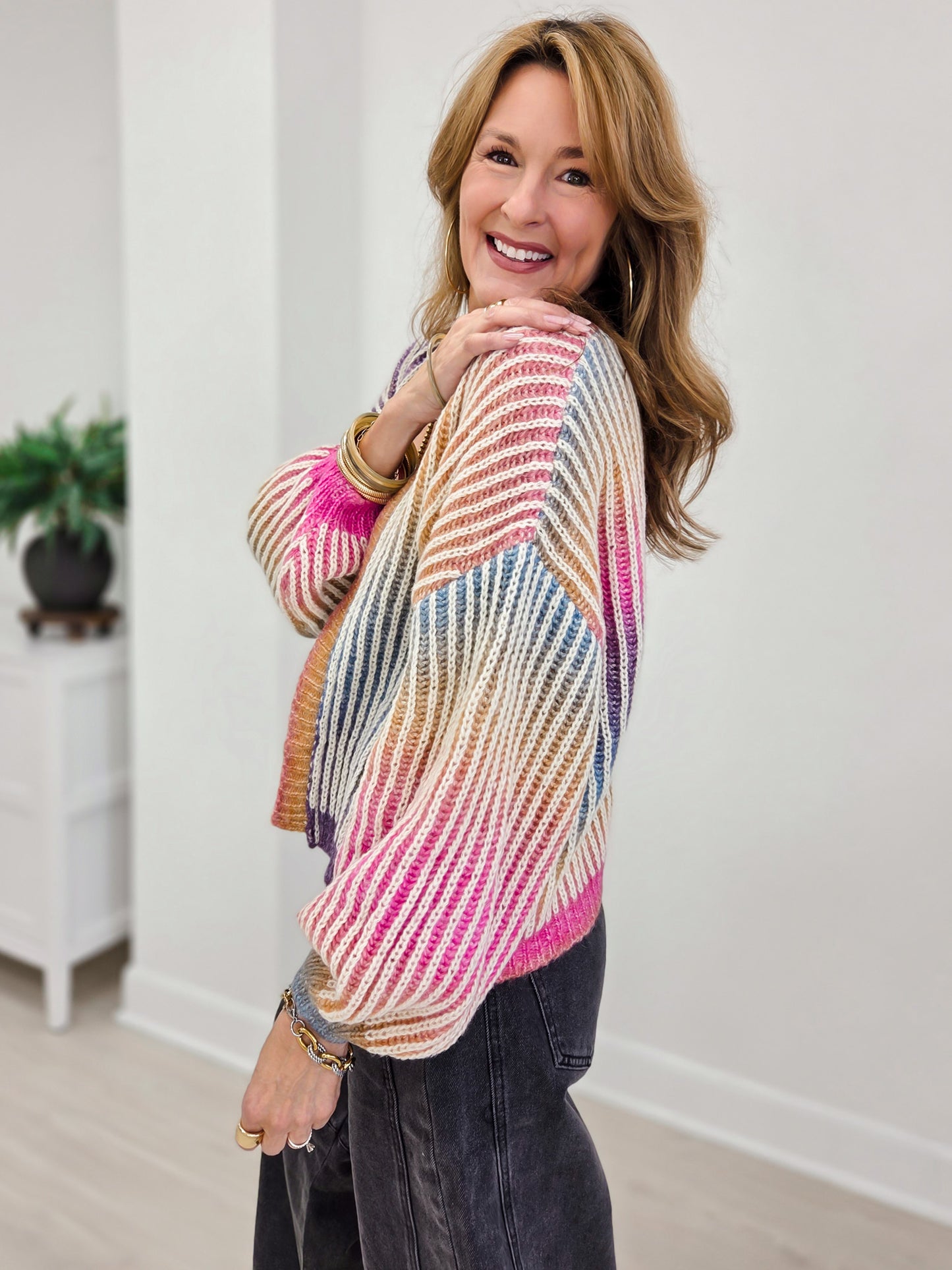 Rainbow Ombre Ribbed Knit Open Cardigan
