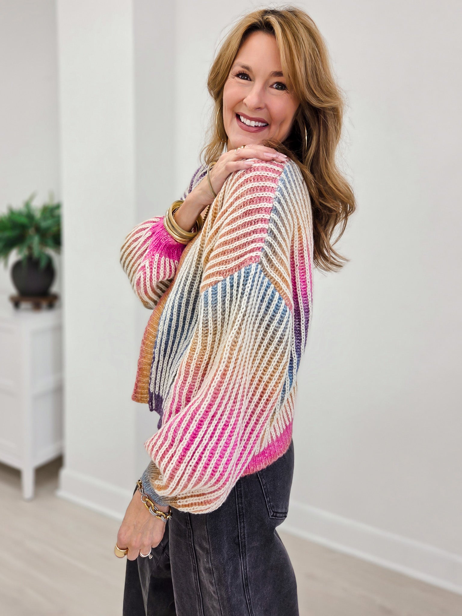 Rainbow Ombre Ribbed Knit Open Cardigan