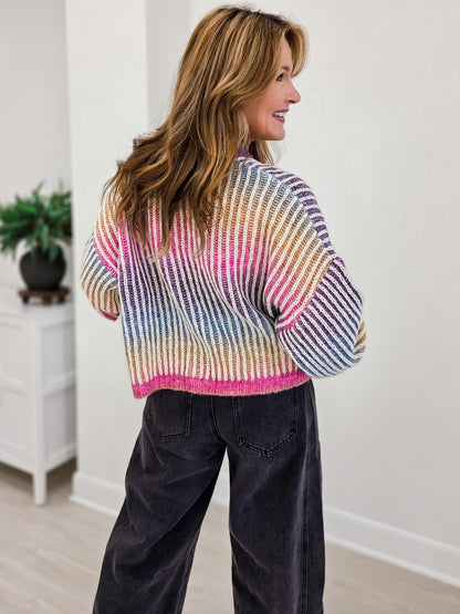 Rainbow Ombre Ribbed Knit Open Cardigan