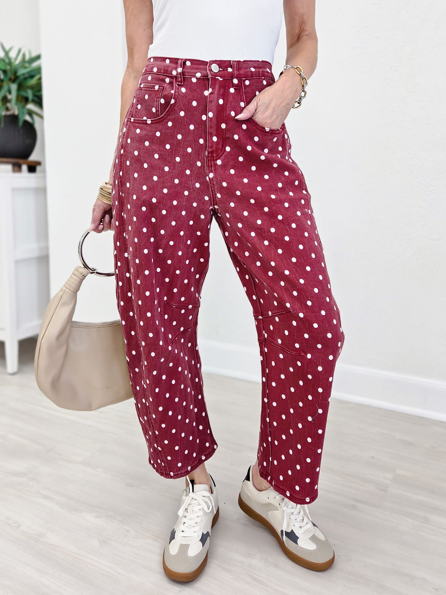 High-Waist Polka Dot Barrel Pants