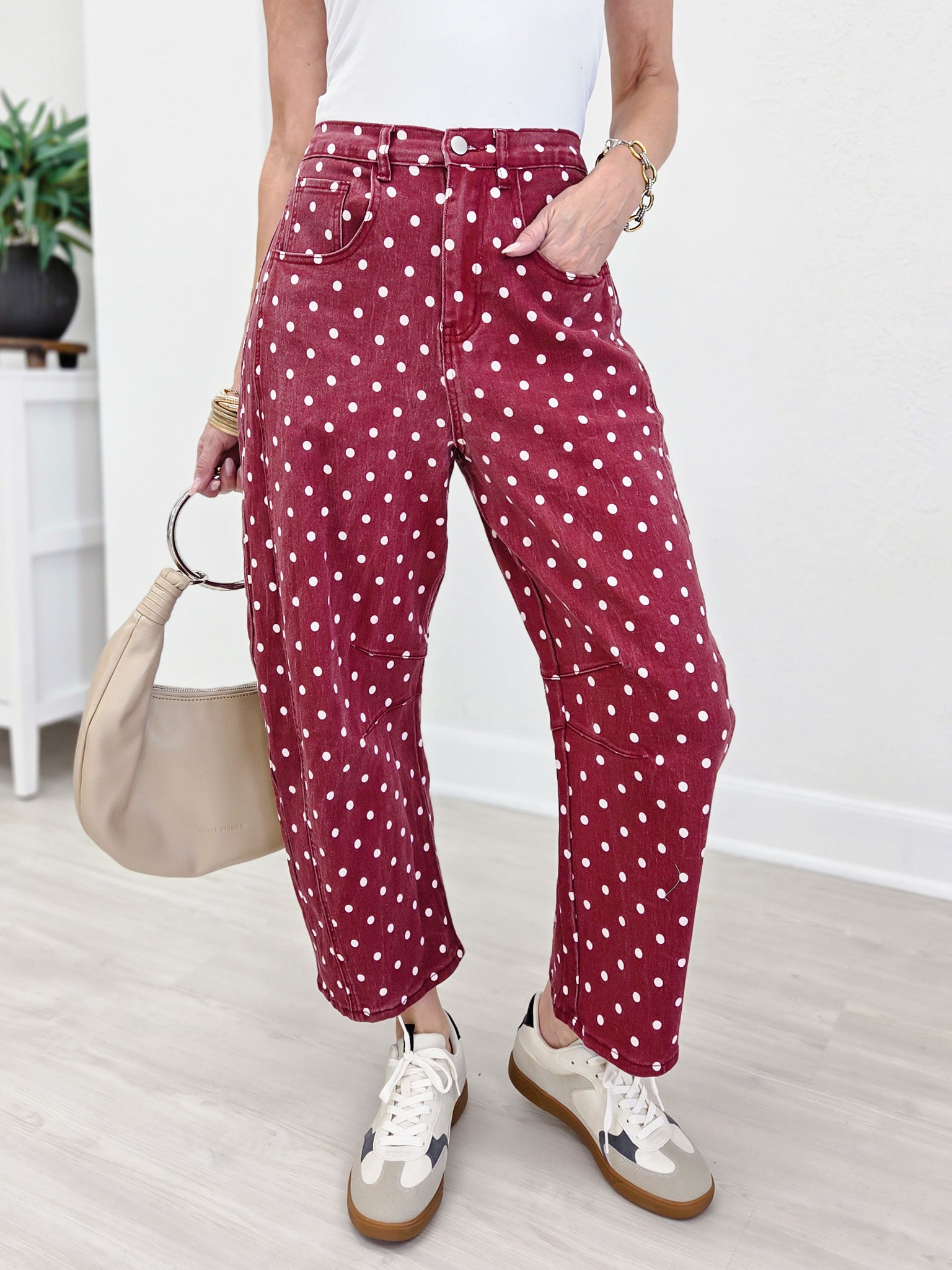 High-Waist Polka Dot Barrel Pants