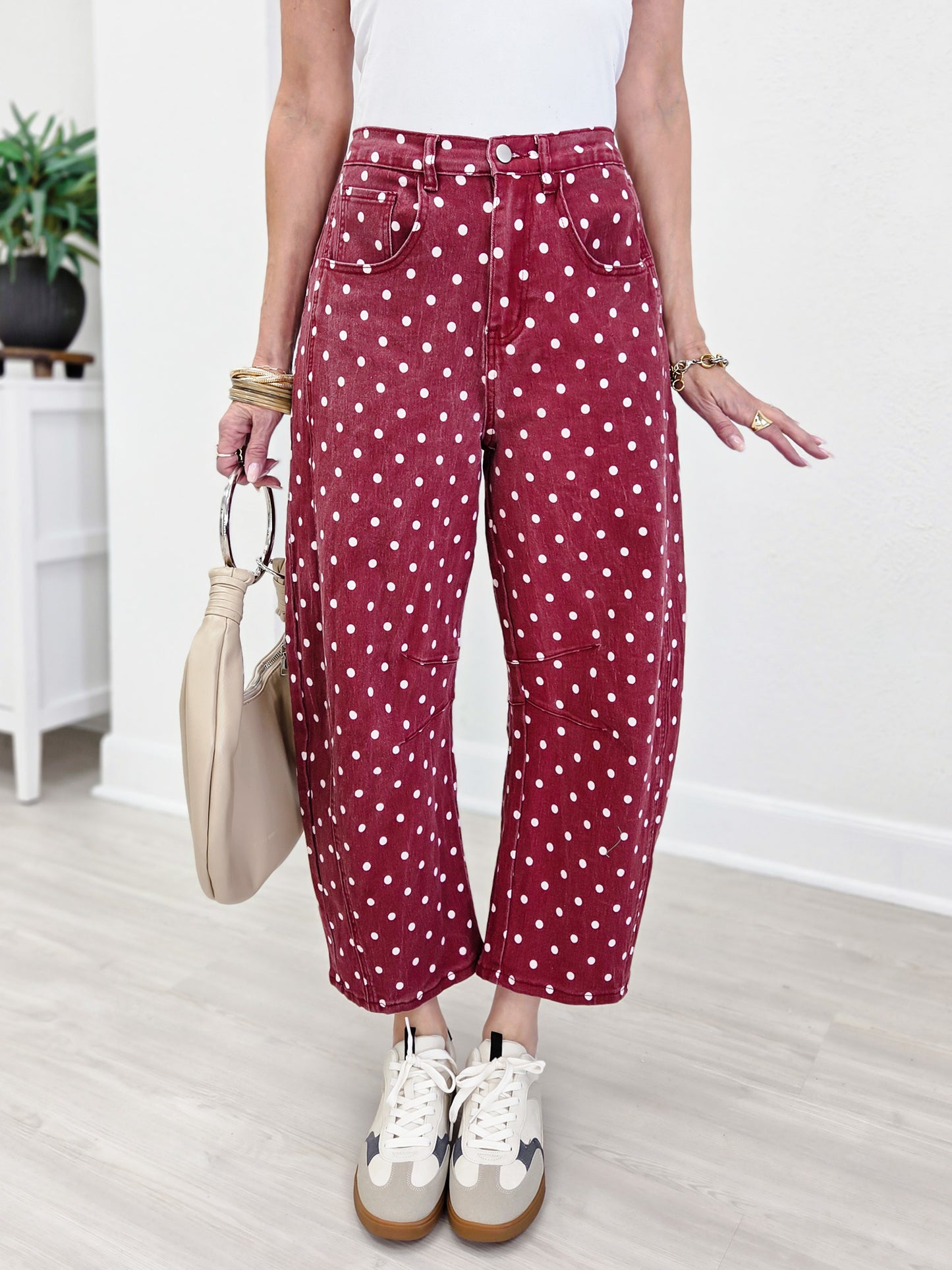 High-Waist Polka Dot Barrel Pants