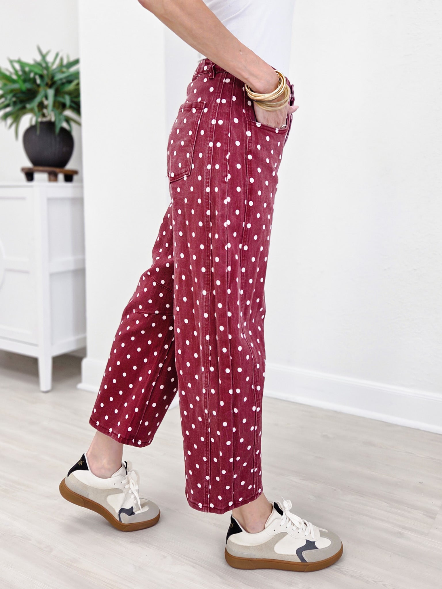 High-Waist Polka Dot Barrel Pants