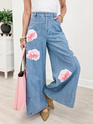 Oversized Floral Accents Wide Leg Pants