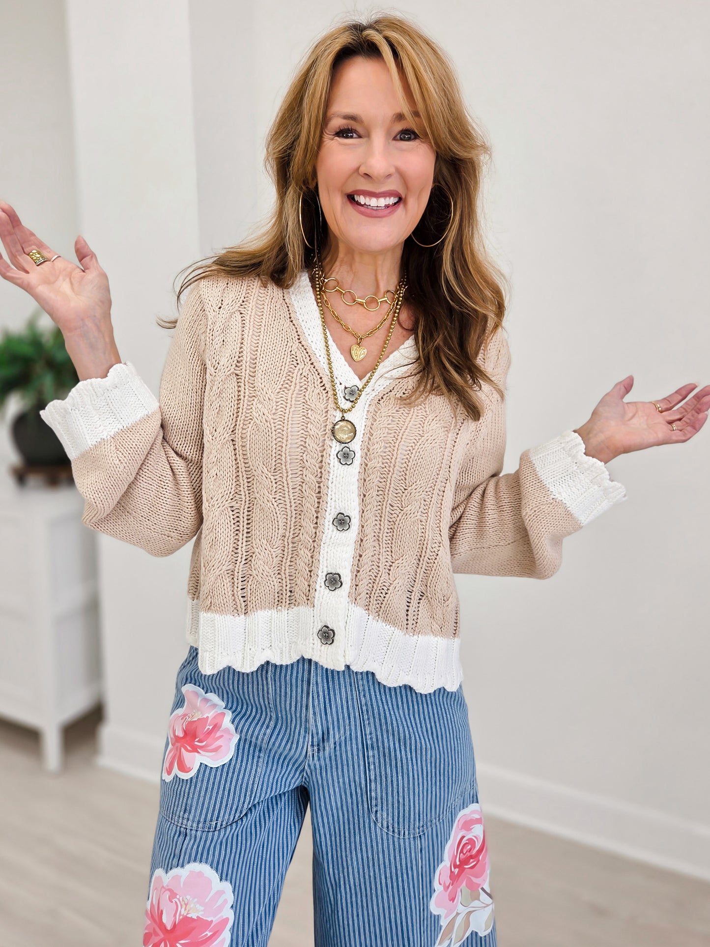 Long Sleeve Varied Cable Knit Contrast Thin Sweater Cardigan Top