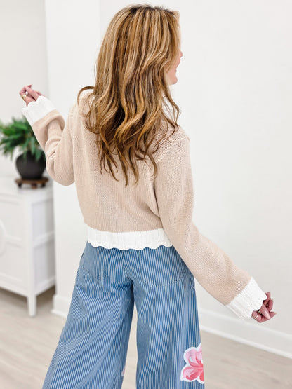 Long Sleeve Varied Cable Knit Contrast Thin Sweater Cardigan Top