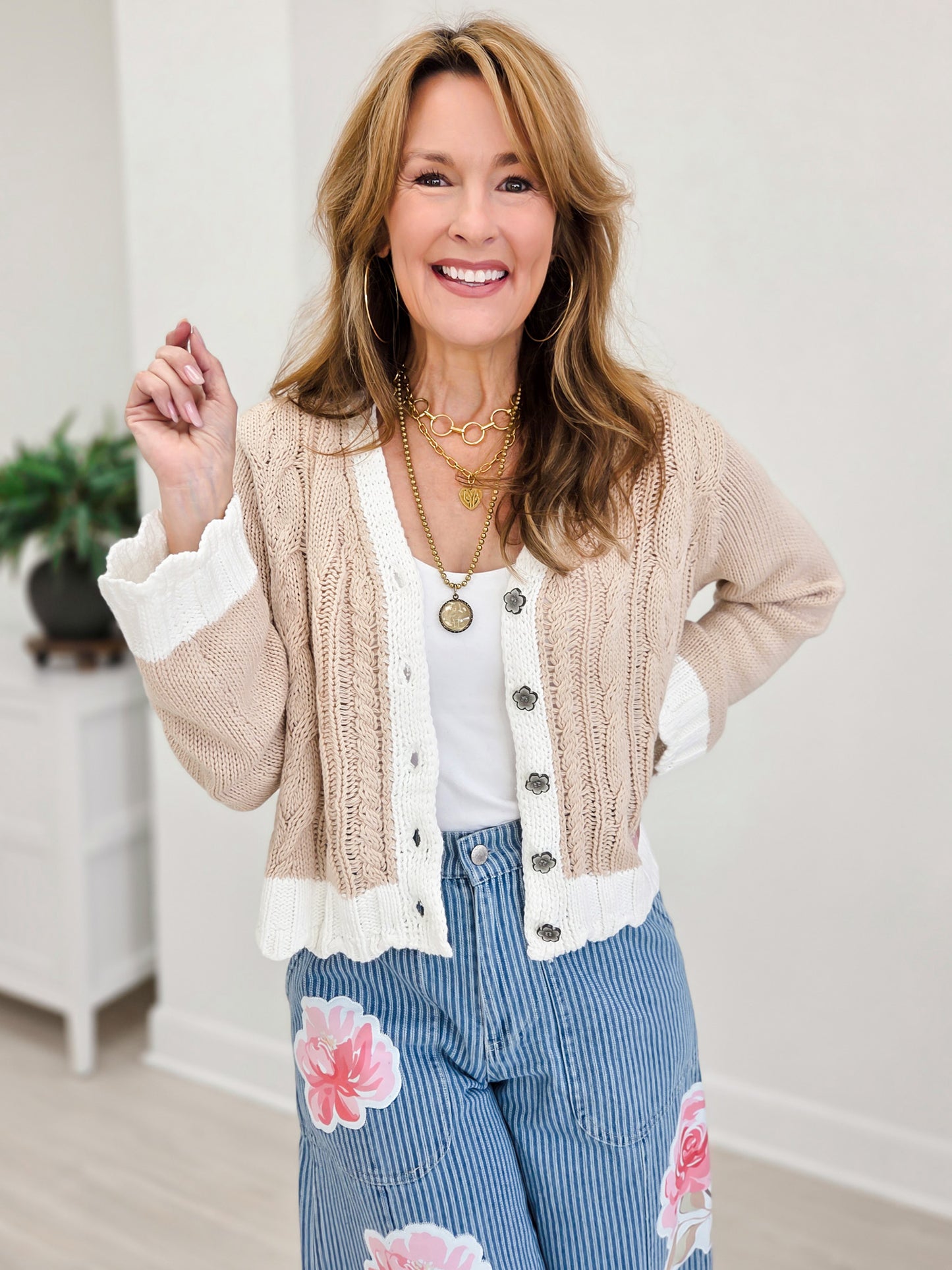 Long Sleeve Varied Cable Knit Contrast Thin Sweater Cardigan Top