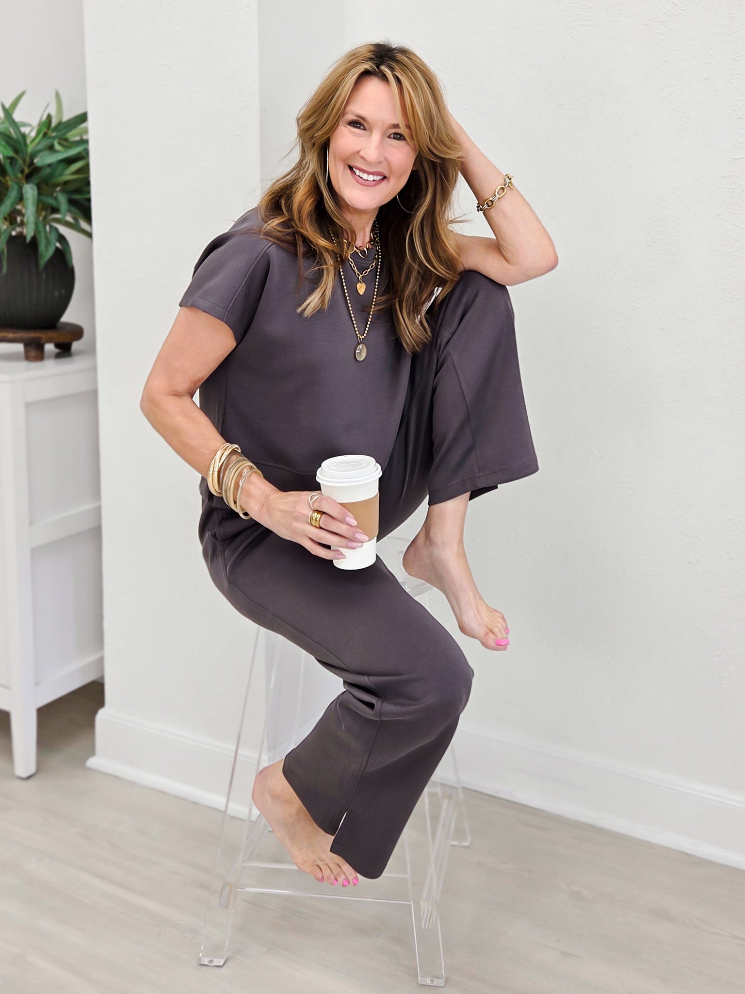 Easy Fit Set-Short Sleeve Crewneck  Top With Matching Straight Leg Pants