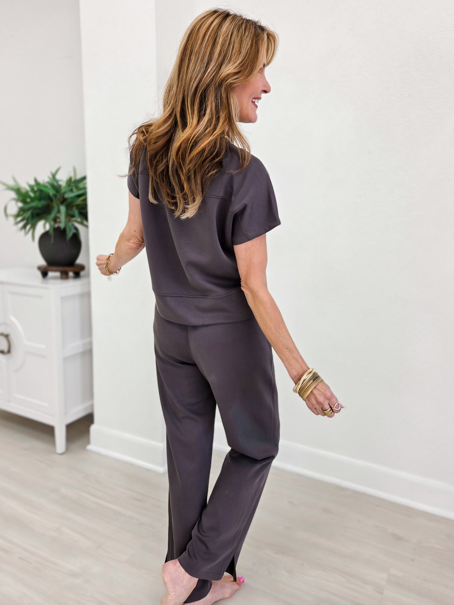 Easy Fit Set-Short Sleeve Crewneck  Top With Matching Straight Leg Pants