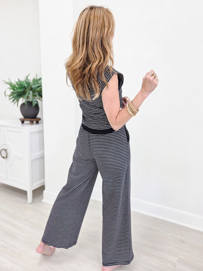 Striped Sleeveless Mini Zip V Neck Set