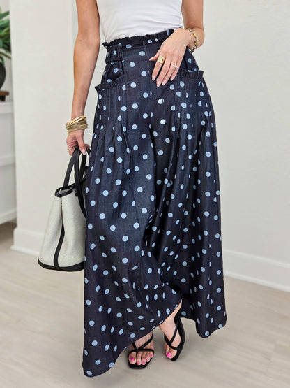 Polka Dot Denim Pintuck Wide Leg Pants
