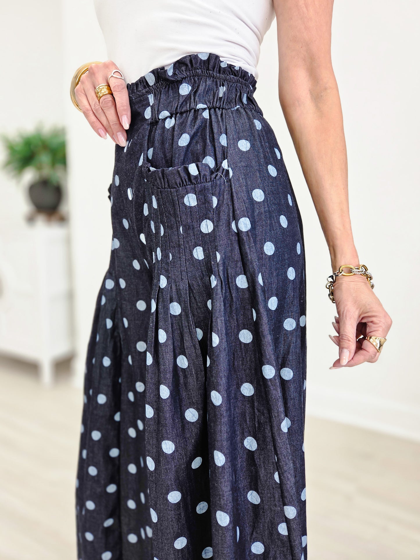 Polka Dot Denim Pintuck Wide Leg Pants
