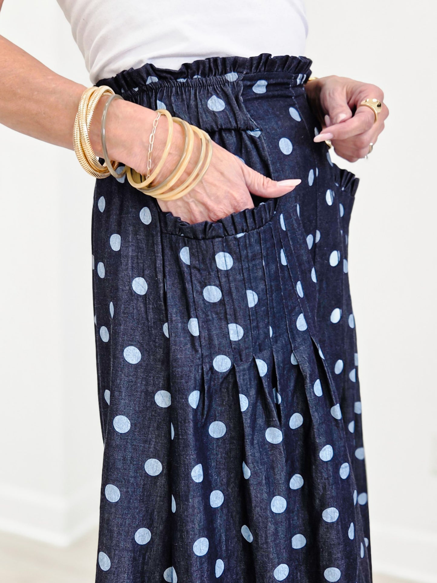 Polka Dot Denim Pintuck Wide Leg Pants