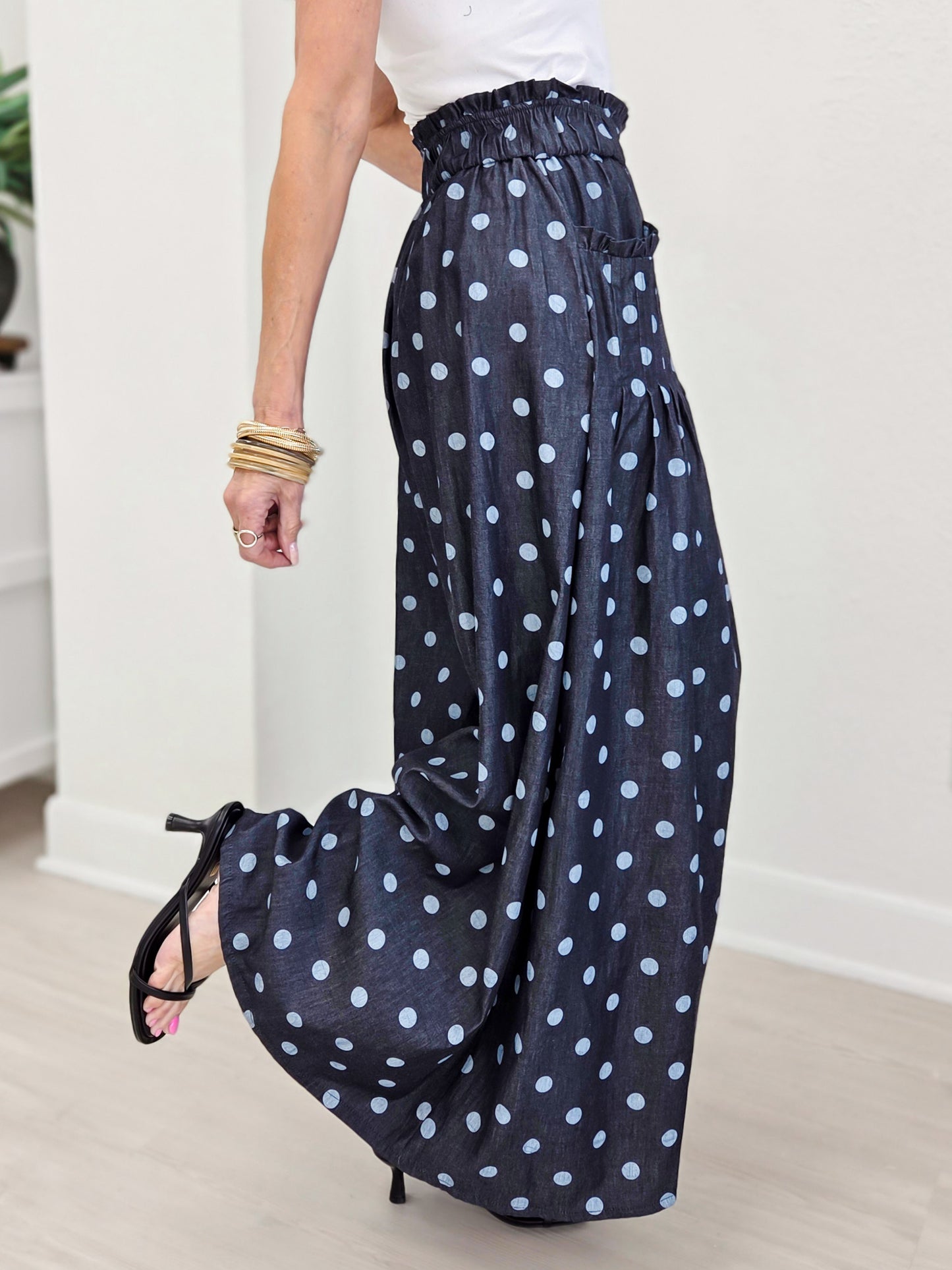 Polka Dot Denim Pintuck Wide Leg Pants