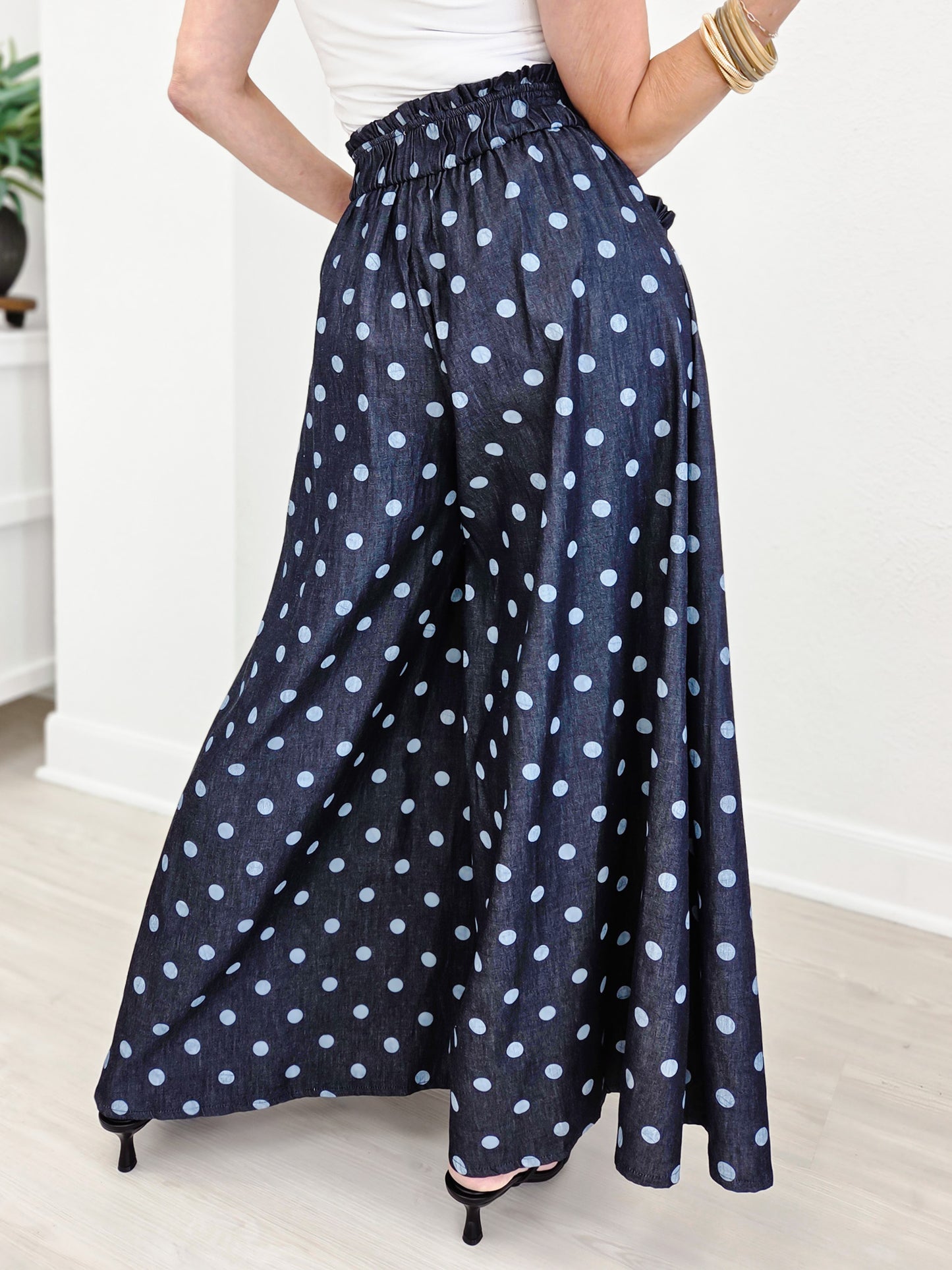 Polka Dot Denim Pintuck Wide Leg Pants