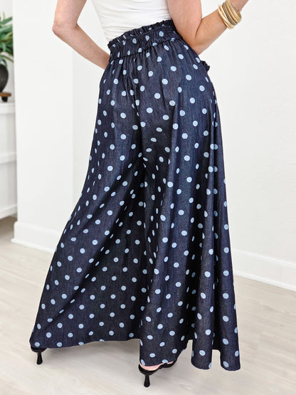 Polka Dot Denim Pintuck Wide Leg Pants