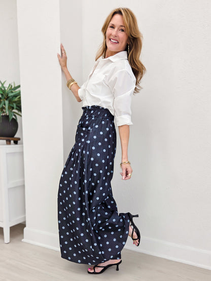 Polka Dot Denim Pintuck Wide Leg Pants