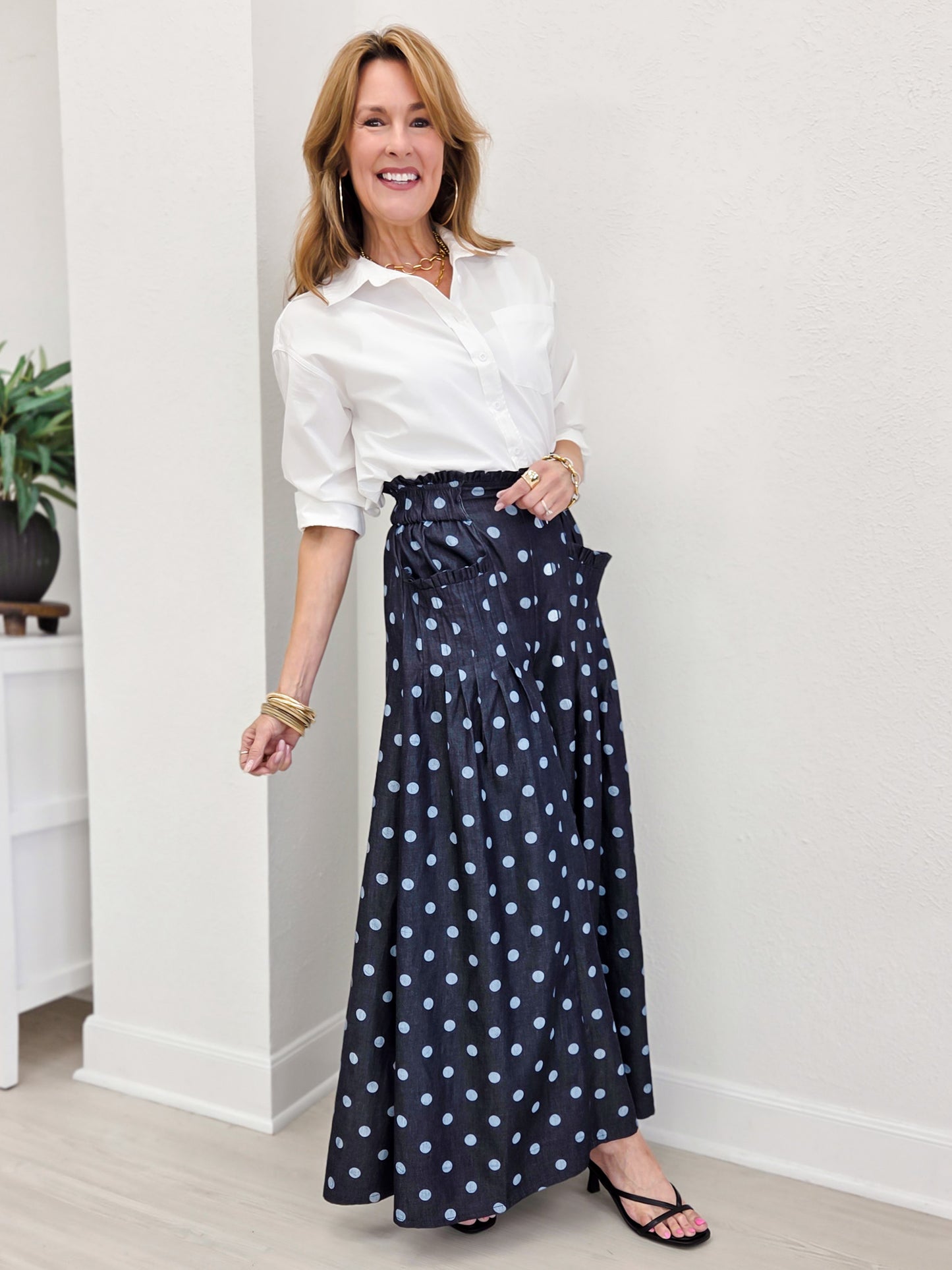 Polka Dot Denim Pintuck Wide Leg Pants