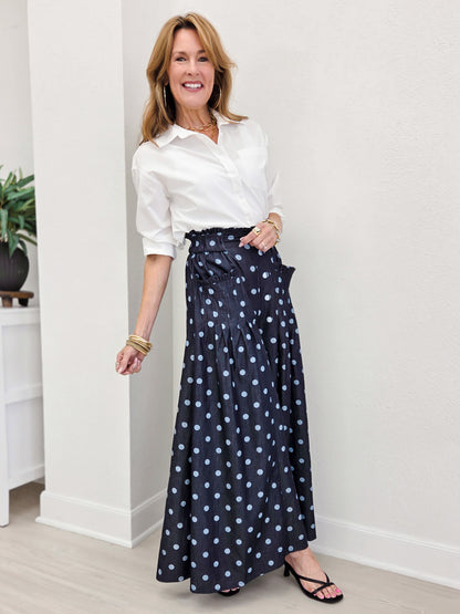 Polka Dot Denim Pintuck Wide Leg Pants