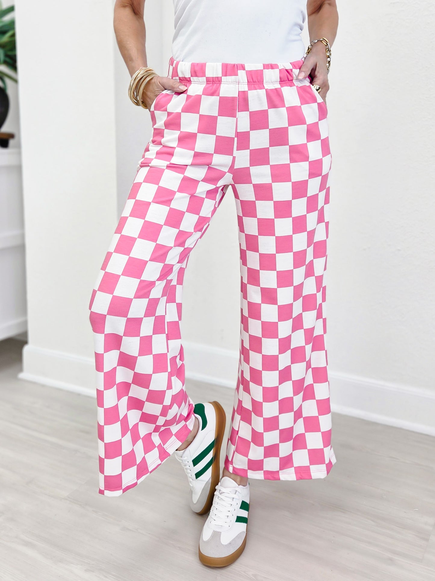 High Waist Checkered Straight Leg Knit Pants-Pink and White