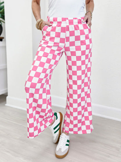High Waist Checkered Straight Leg Knit Pants-Pink and White