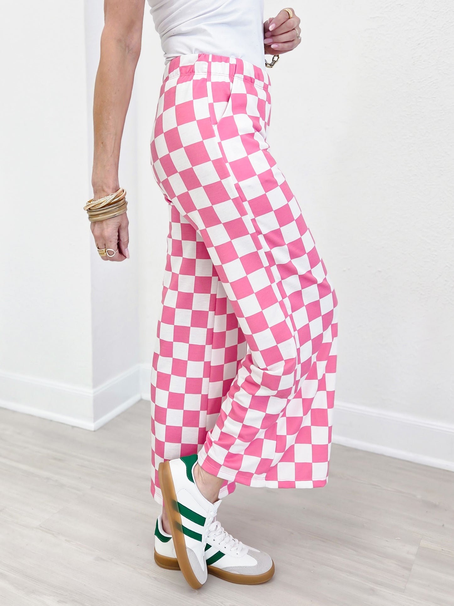 High Waist Checkered Straight Leg Knit Pants-Pink and White