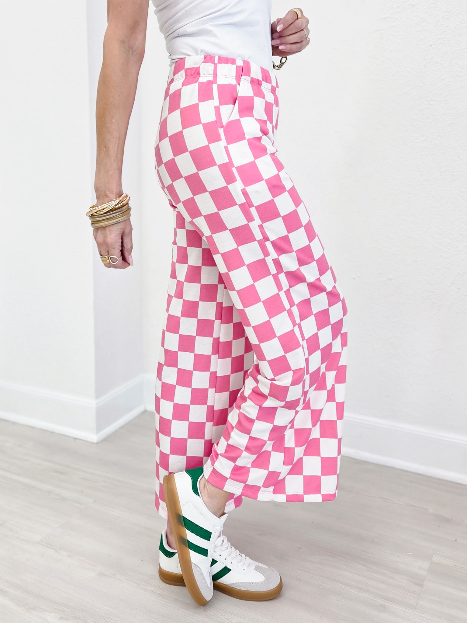 High Waist Checkered Straight Leg Knit Pants-Pink and White