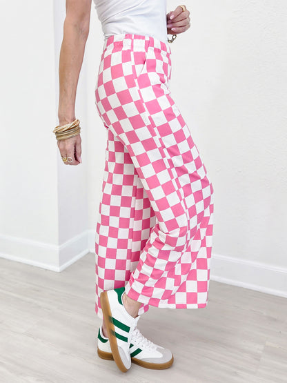 High Waist Checkered Straight Leg Knit Pants-Pink and White