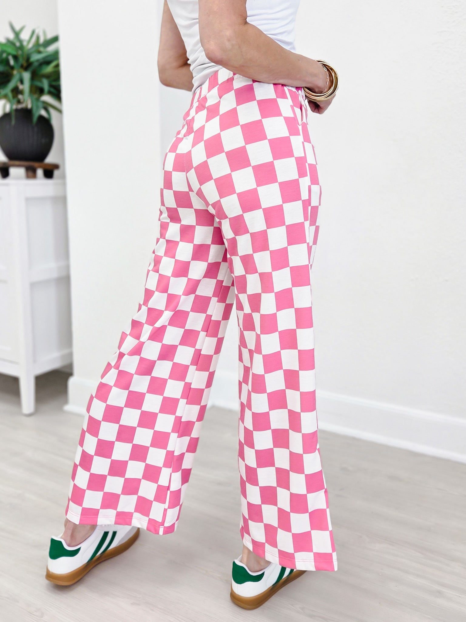High Waist Checkered Straight Leg Knit Pants-Pink and White