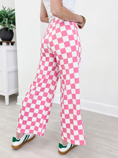 High Waist Checkered Straight Leg Knit Pants-Pink and White