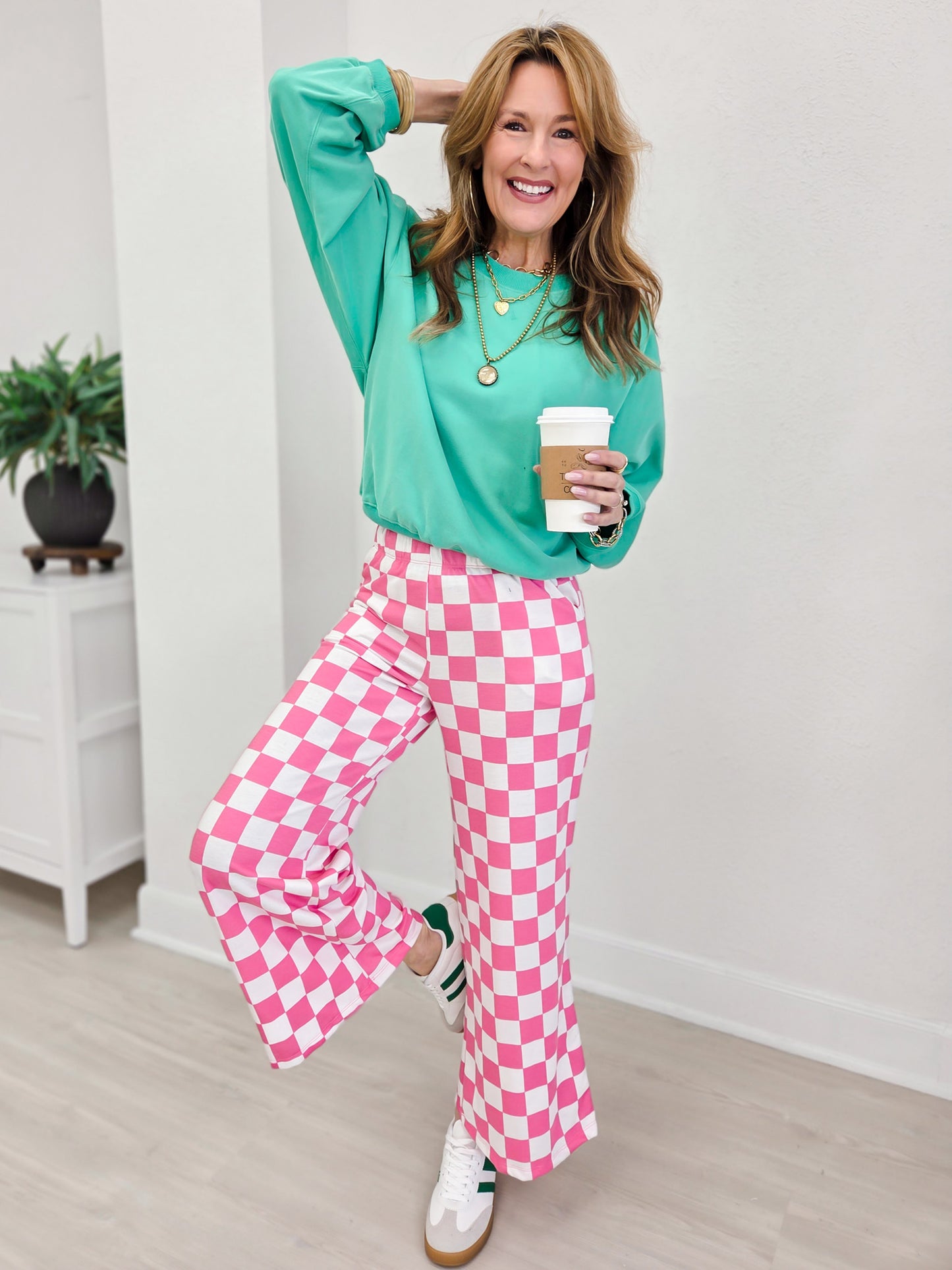 High Waist Checkered Straight Leg Knit Pants-Pink and White