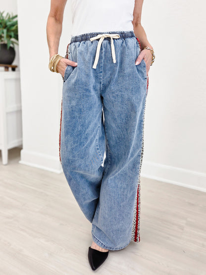 Leopard Side Stripe Wide Leg Denim Pants