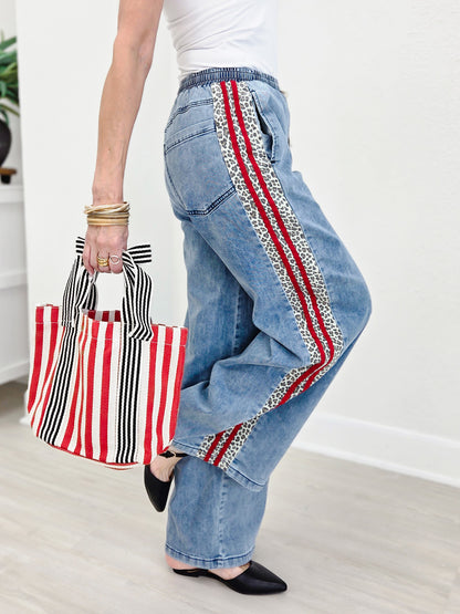 Leopard Side Stripe Wide Leg Denim Pants