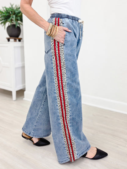 Leopard Side Stripe Wide Leg Denim Pants