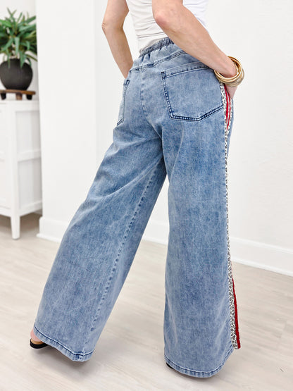 Leopard Side Stripe Wide Leg Denim Pants