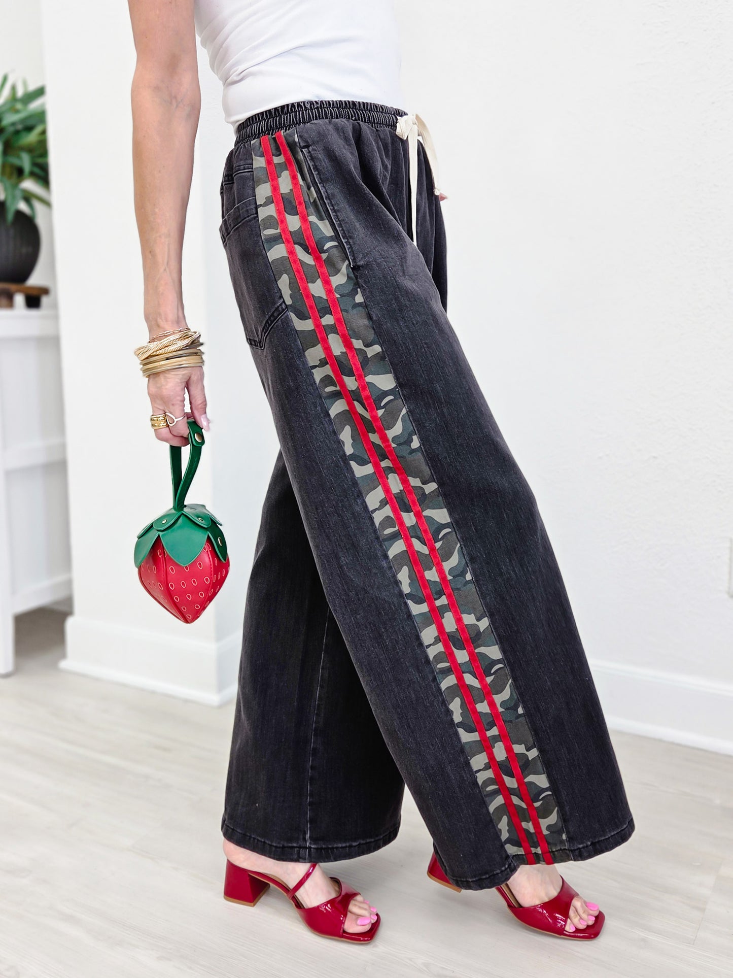Camo Side Stripe Wide Leg Denim Pants