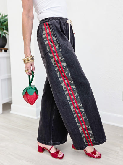 Camo Side Stripe Wide Leg Denim Pants