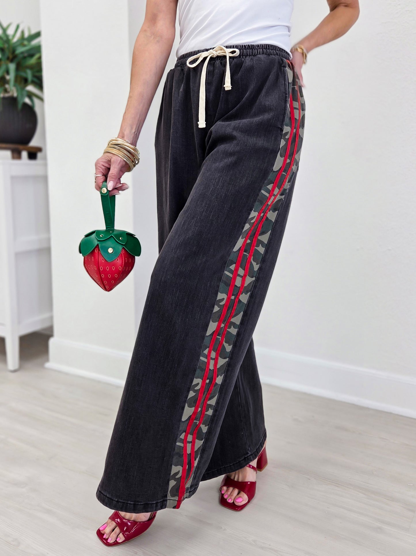 Camo Side Stripe Wide Leg Denim Pants