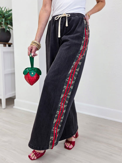 Camo Side Stripe Wide Leg Denim Pants