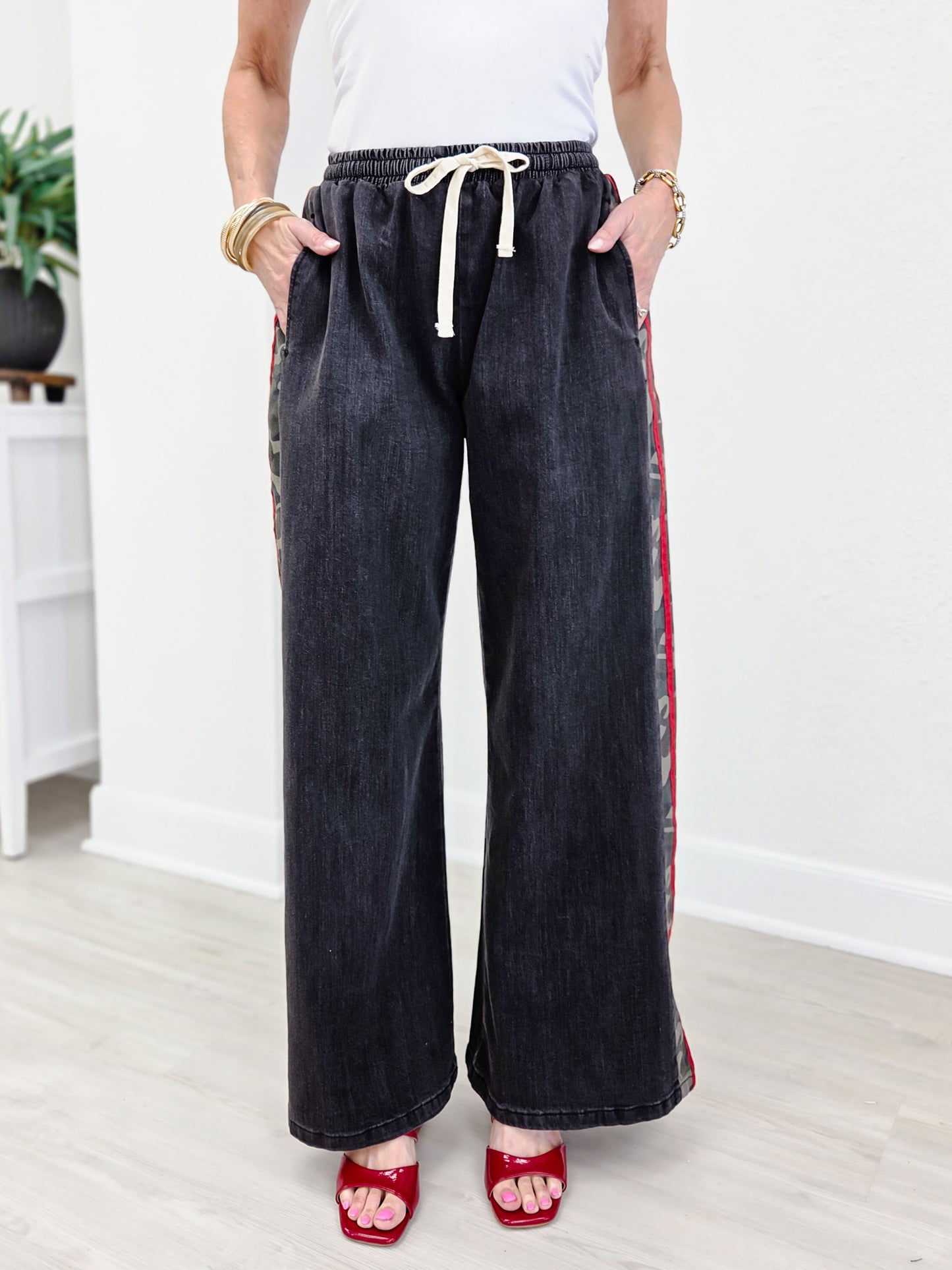 Camo Side Stripe Wide Leg Denim Pants