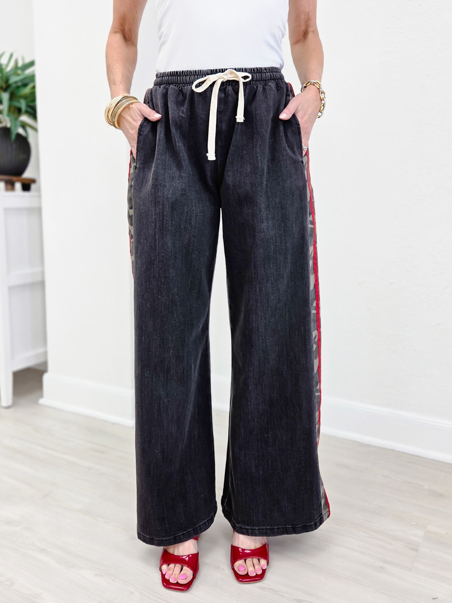 Camo Side Stripe Wide Leg Denim Pants