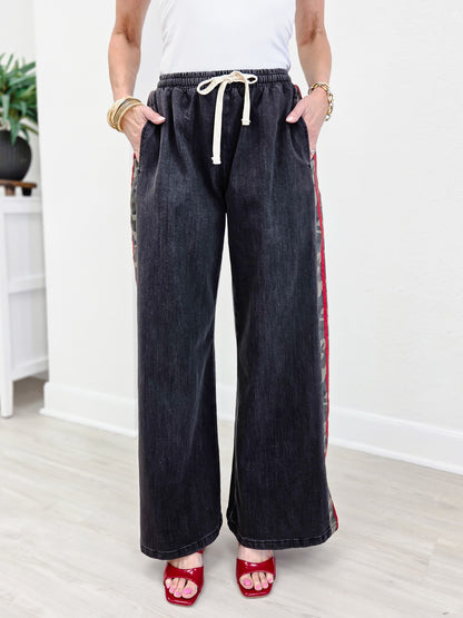 Camo Side Stripe Wide Leg Denim Pants