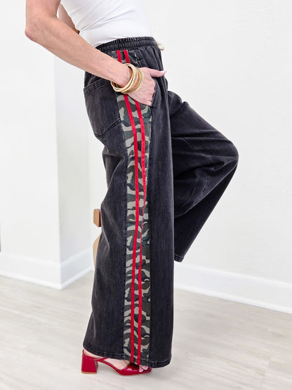 Camo Side Stripe Wide Leg Denim Pants
