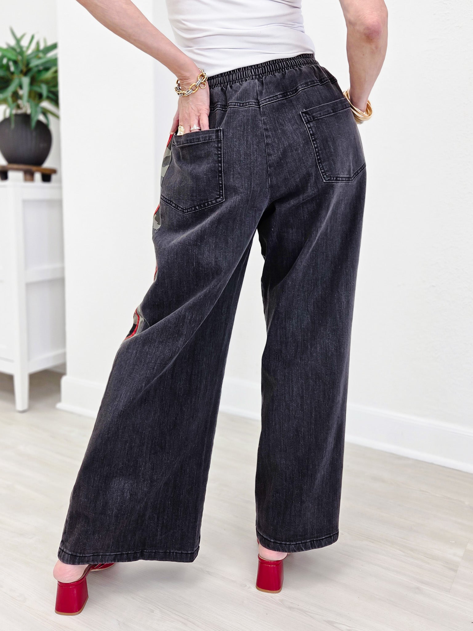 Camo Side Stripe Wide Leg Denim Pants