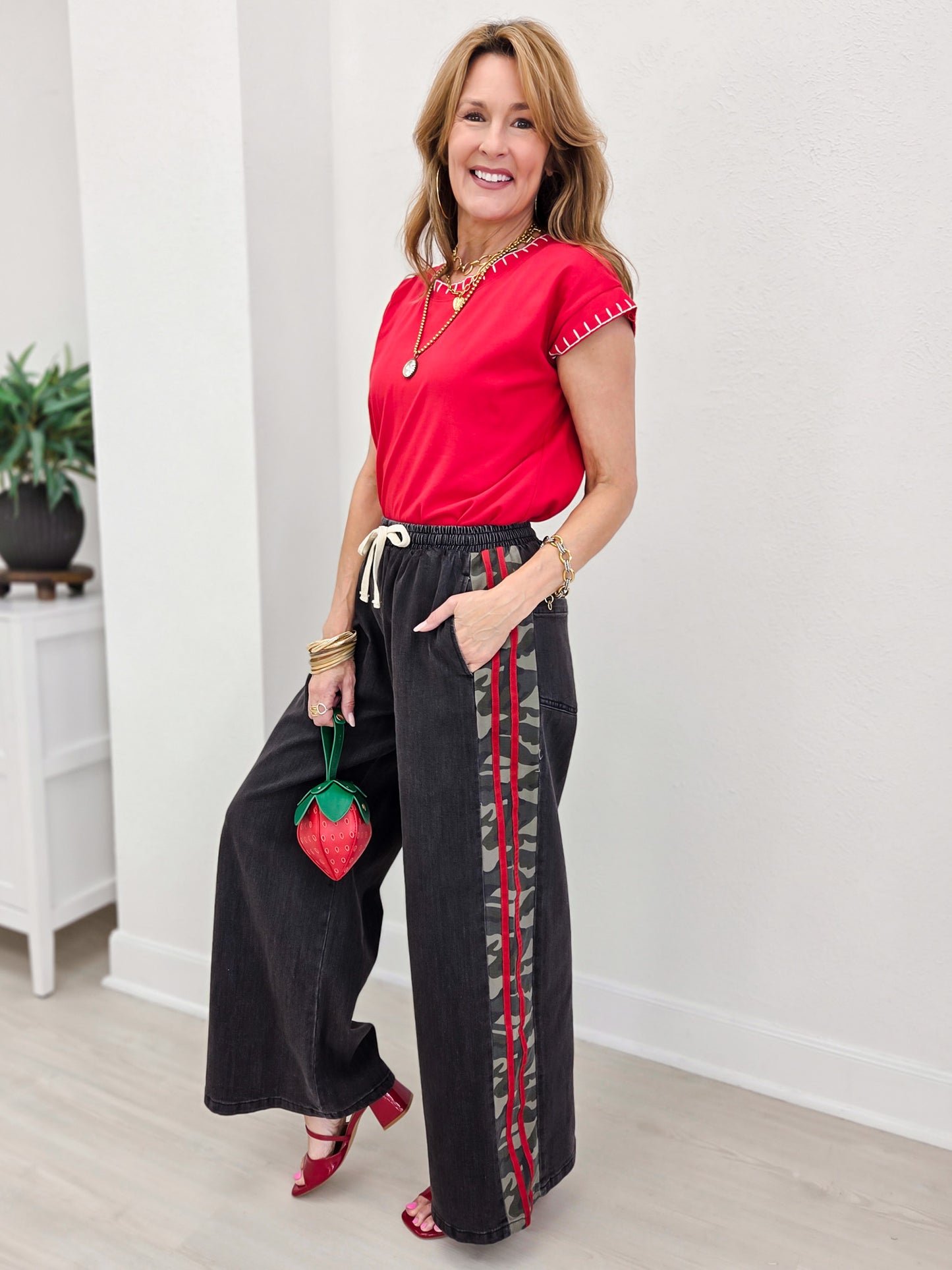 Camo Side Stripe Wide Leg Denim Pants