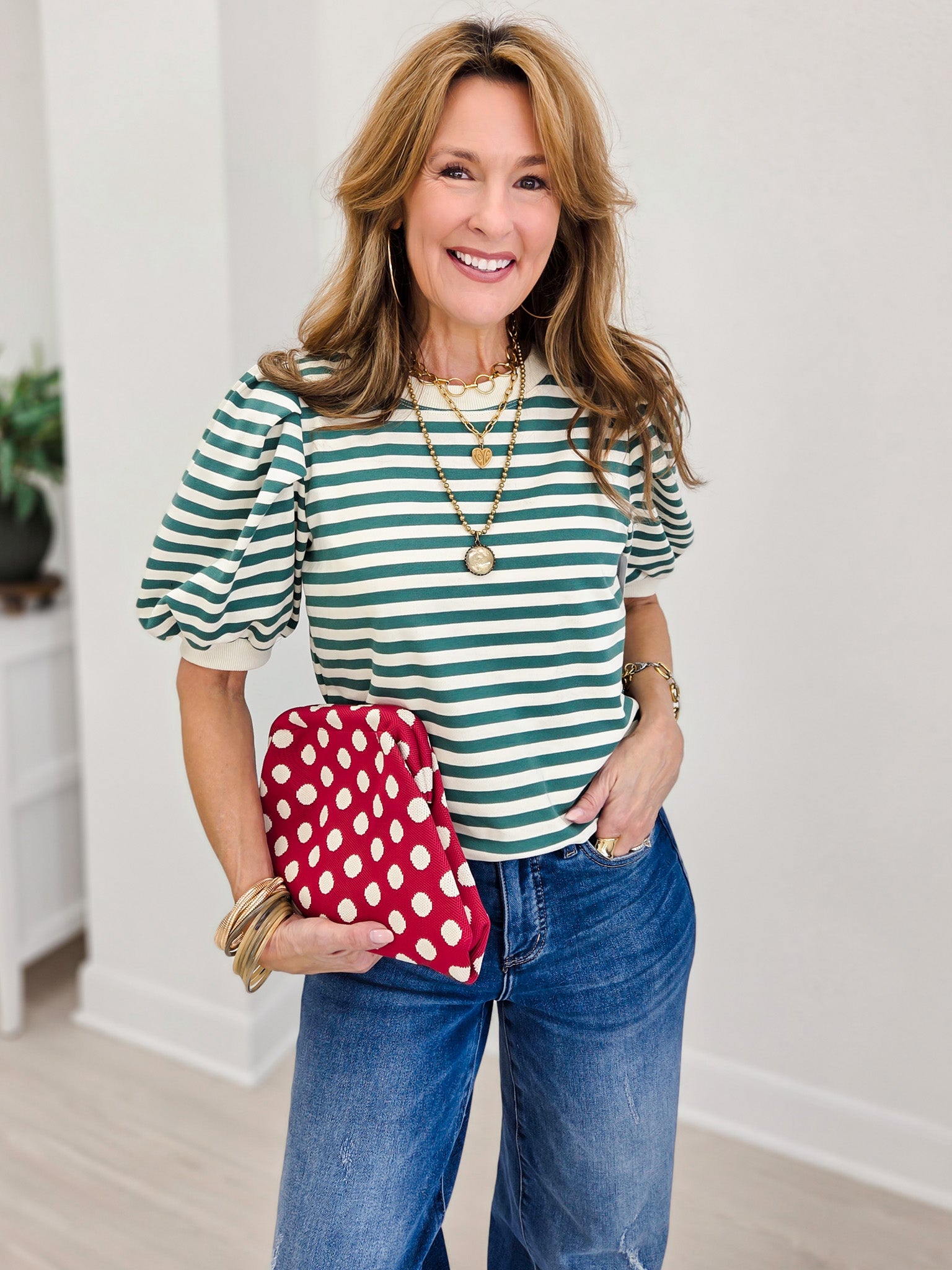 Striped Puff Sleeve Knit Top