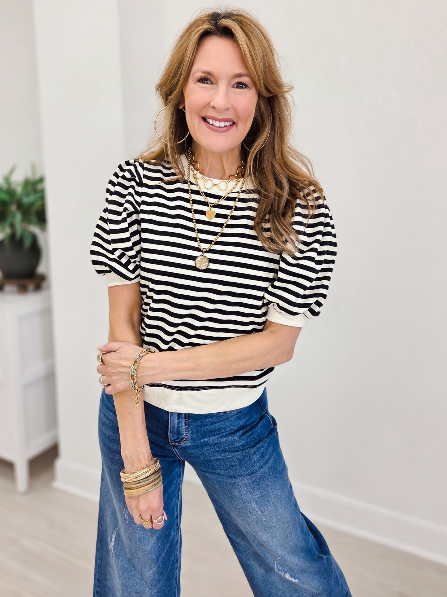 Striped Puff Sleeve Knit Top