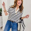 Split Neck Stripe Short Sleeve Sweater